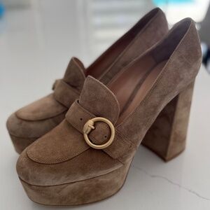 Gianvito Rossi Tan Suede Platform Buckle Slide On Heels Shoes 40.5